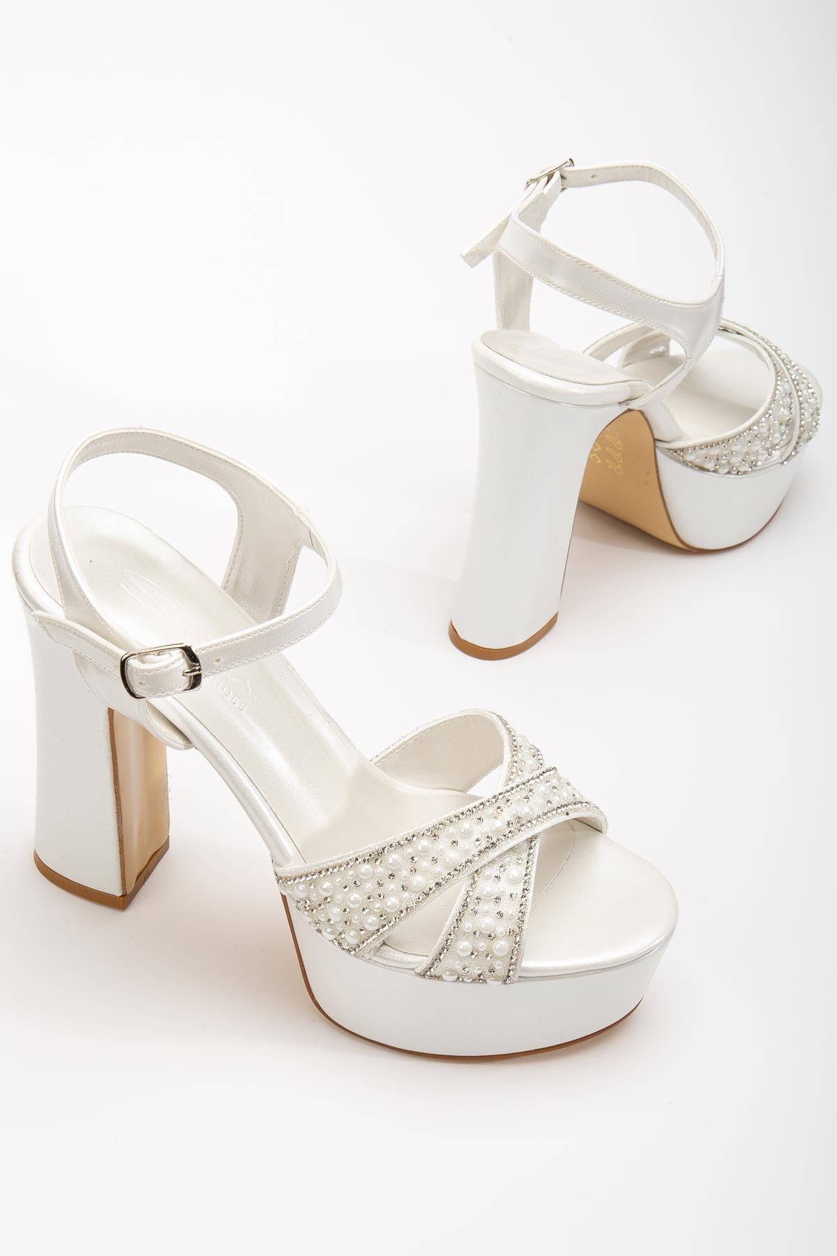 Alissa Kadın Platform Topuklu İnci Detaylı Abiye Gelin Ayakkabı+Çanta