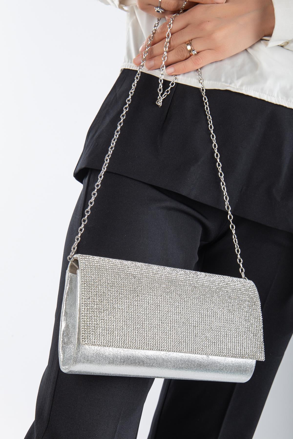 Serena Taşlı Abiye Portföy Clutch Çanta Gece Çantası Zincir Askılı