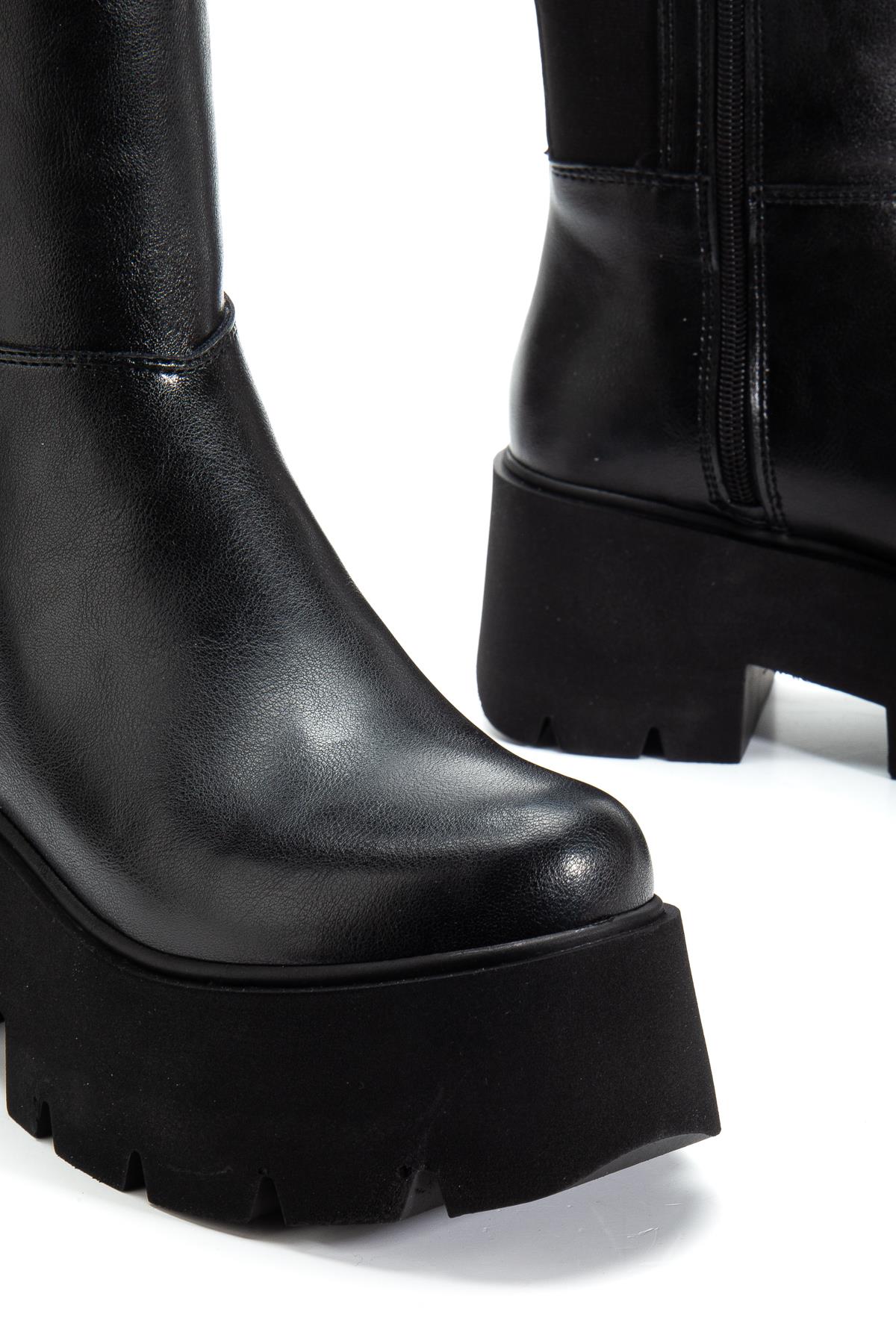 Suins Henna Model Platform Kadın Siyah Arkası Lastikli Çizme
