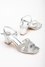 Suins Juny Kadın Önü Taşlı Galvaniz Topuklu Abiye Ayakkabı