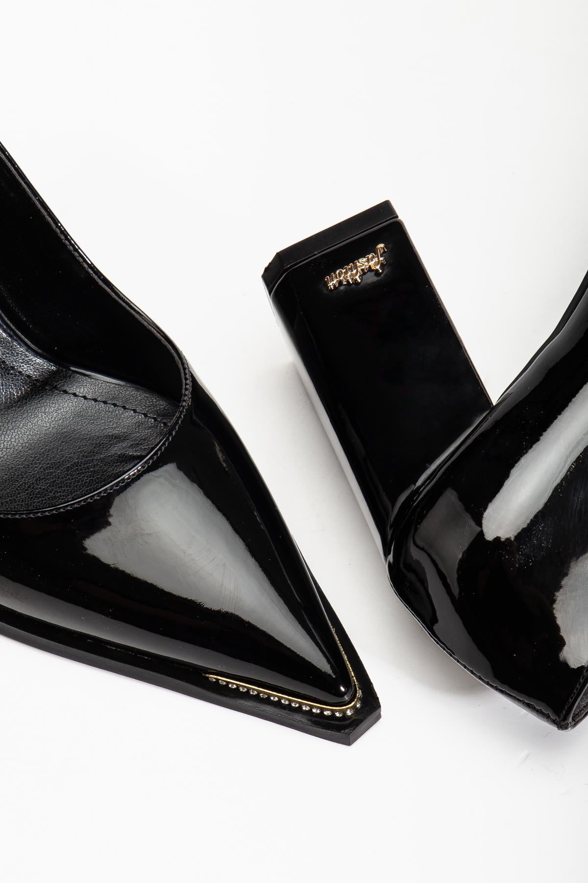 Suins Premium Verty Model Kadın Kalın Topuklu Burnu Taşlı Rugan Stiletto Ayakkabı