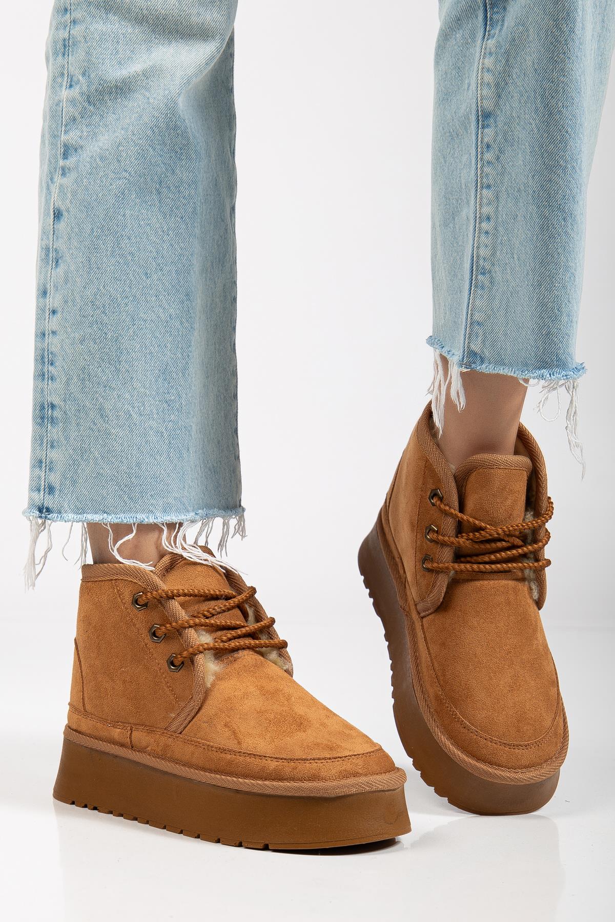 Suins Stein Model İçi Komple Kürklü Bağcıklı Siyah Taba Ten Kadın Bot Ürün ana görseli