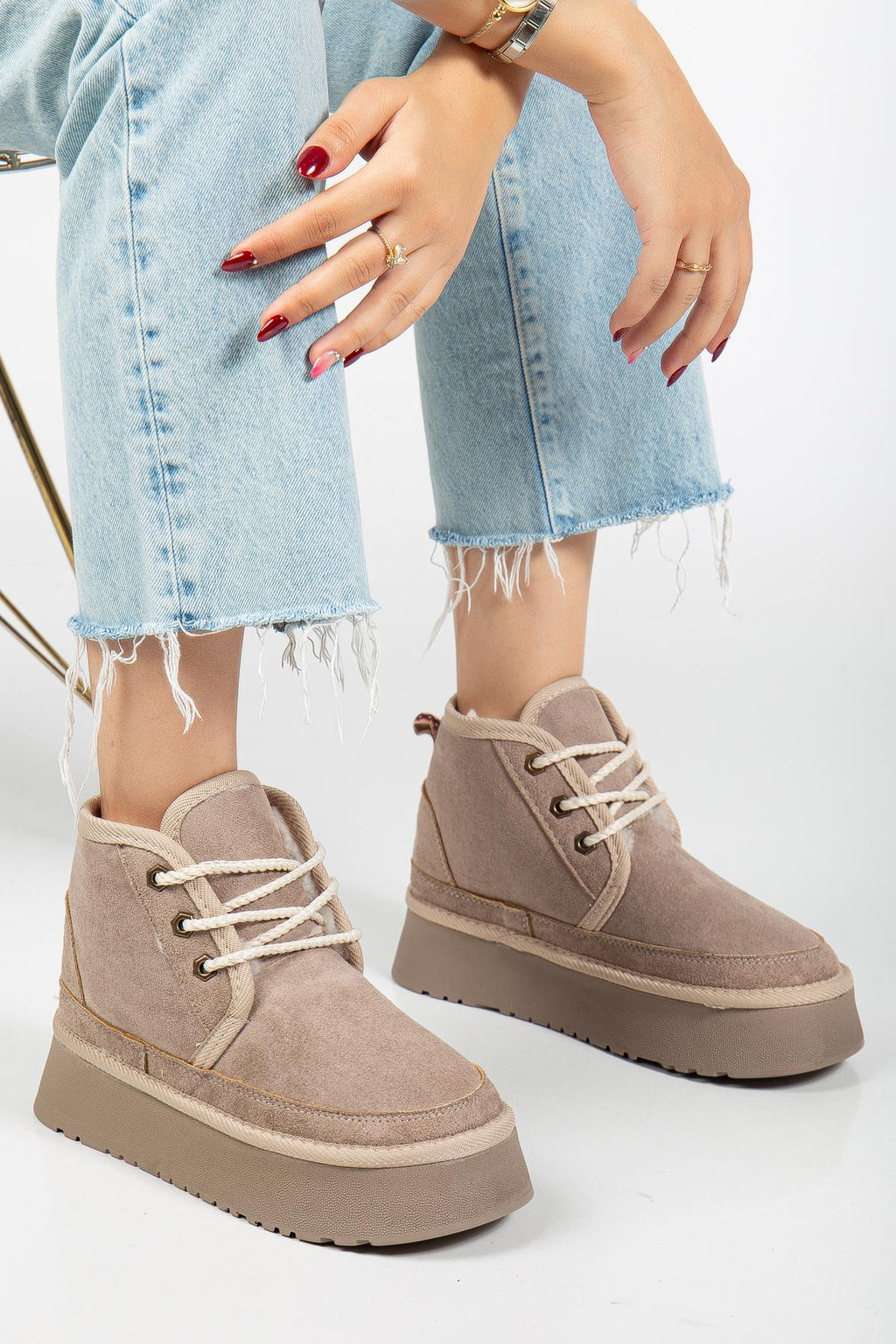 Suins Stein Model İçi Komple Kürklü Bağcıklı Siyah Taba Ten Kadın Bot